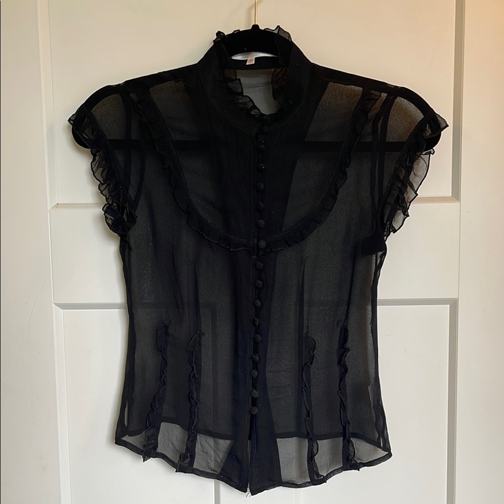 Elegant Black Cap Sleeve Blouse with Ruffled Mandarin Collar